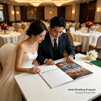 Impression personnalisée de brochures de mariage pour banquets d'hôtel, 175x265mm, couverture en papier Mohawk 270g, pages intérieures 160g avec pochette pour dépliant