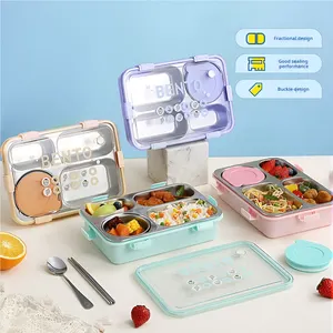 Kotak makan siang termal untuk anak-anak, kotak makan siang baja tahan karat 3 kisi 900ML, kotak makan siang Bento dengan termos terisolasi untuk anak-anak