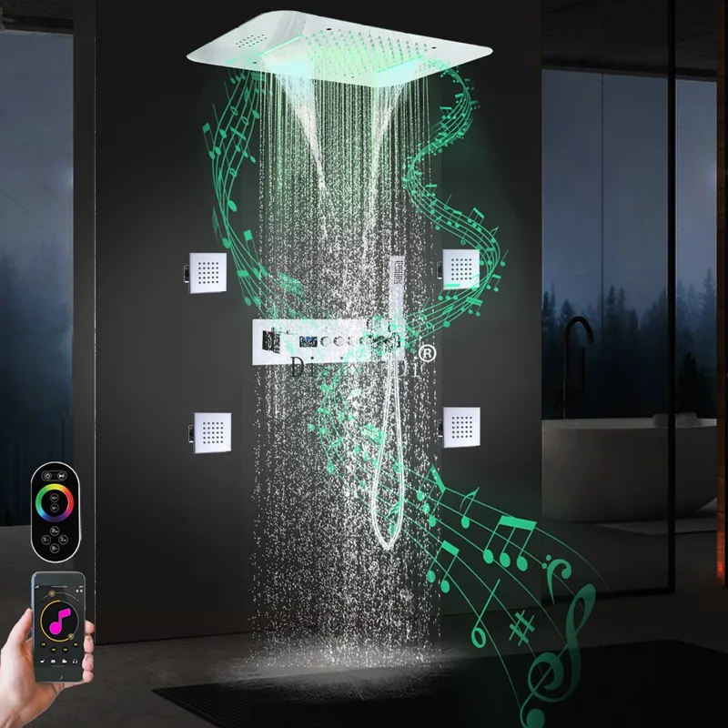 音楽LEDシャワーシステム23*15インチ雨と滝シャワーヘッドバスルーム温度表示サーモスタットシャワー蛇口
