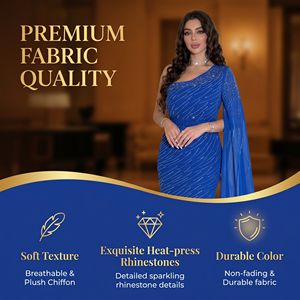 Robe de soirée longue élégante bleu roi à une épaule avec manches cape en mousseline de soie ornées de strass thermocollés et ceinture, idéale pour les fêtes formelles - Product Image 2