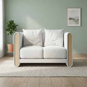 Sofá minimalista de dos plazas con tapicería de tela y brazos de madera para sala de estar - Product Image 2