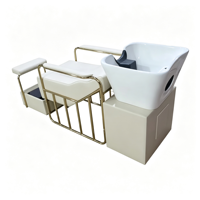 Fauteuil de lavage de luxe moderne pour salon avec bac en céramique blanc, cadre en métal doré, lit de lavage en cuir PU avec bac séparé