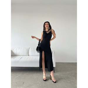DEFILE Vestido largo elegante de poliéster con detalles de tul morado oscuro y abertura profunda para mujer, para ocasiones de fiesta nocturna, tallas S-XL - Product Image 3
