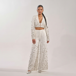 Women's <b>White</b> Sequined <b>2</b>-<b>Piece</b> Blazer <b>Set</b> Full Sleeve Loose Fit Elegant Spring Summer Satin Long Pants Suit - Product Image 1