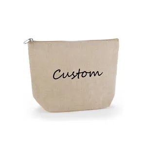 Wholesale Custom Eco Square Natural Jute Linen Travel Golden Supplier Jute Cosmetic Bag With Zipper