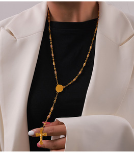 2025 Edelstahl 18 Karat Gold Kreuz Anhänger Y Lariat Halskette Jungfrau Maria Heilige Selige Perle Christian Kruzifix Schmuck - Product Image 2