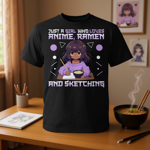 T-shirt unisexe pour adulte, à manches courtes, col rond, impression numérique, Just A Girl Who Loves Anime Ramen And Sketching - Product Image 2