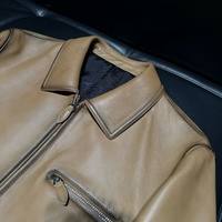 Veste en cuir de mouton vintage pour homme, col rabattable, fermeture éclair, passepoil contrastant, poche poitrine, patchwork, respirante, décontractée, olive