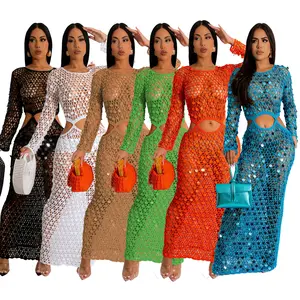 Summer Beach Manches longues Couleur unie Tricotage Sexy Elegant Crochet Sequin See Through Casual Long Maxi Dresses Cover Women
