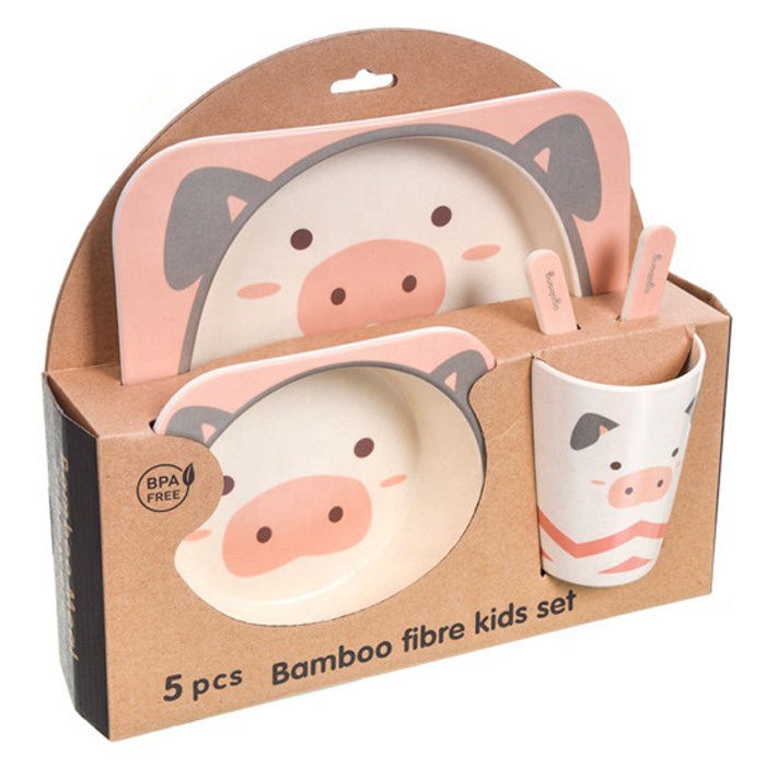 Eco-Friendly 5pcs Baby Bamboo Children Food-safe Dinnerware Fiber Bamboo Dinner Kid Set