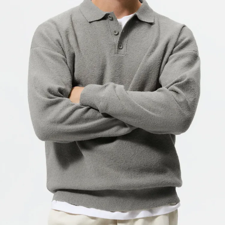 2021 Autumn Winter 100% Cotton OEM/ODM Custom Gray Plain Turndown Polo Neck Men's Knitted Pullover Sweater For Men
