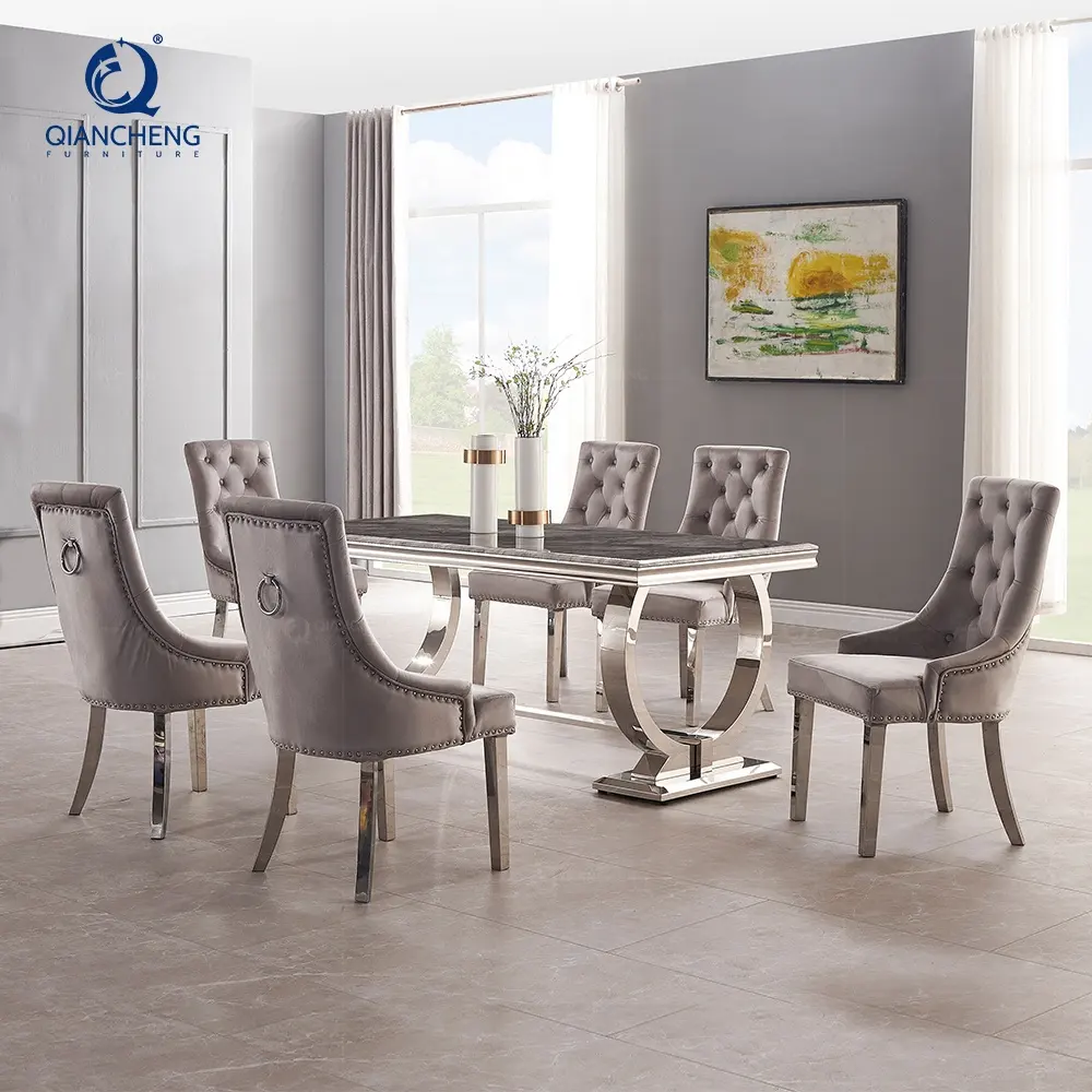 Modern home furniture dinning room table sets stainless steel marble dining table