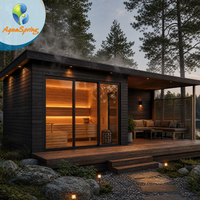 Sauna extérieur sur mesure pour 8 à 10 personnes avec un grand espace lounge et un poêle Harvia, idéal pour les familles nombreuses ou les centres de villégiature