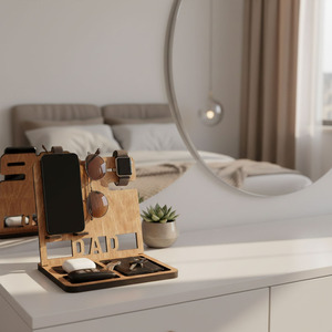 Wooden Phone Stand Desktop Storage <b>Rack</b> Multi Functional Holder For Watches <b>Glasses</b> Keychains Natural Wood Color Rectangle Shape - Product Image 2
