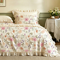 Parure de lit Rose Victorienne 100% Coton Rose Poudré Grande Housse de Couette Florale avec Volants Extra Larges Linge de Lit Vintage