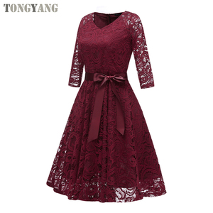 TONGYANG Summer New Party Dress elegante a Line scollo a V <span class=keywords><strong>mezza</strong></span> <span class=keywords><strong>manica</strong></span> al ginocchio <span class=keywords><strong>lungo</strong></span> donna <span class=keywords><strong>abito</strong></span> <span class=keywords><strong>lungo</strong></span> in pizzo - Product Image 2