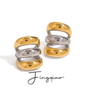 <b>Clip</b>-On Earrings Gold Silver Color-Blocked Three-Layer Geometric Stainless Steel Jewelry Fashion Accessory - Product Image 5