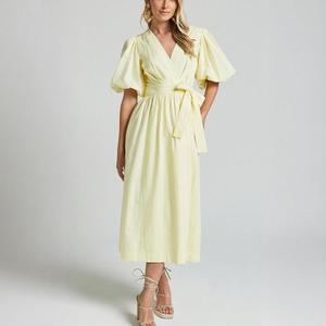 Robes décontractées mi-longues en <span class=keywords><strong>lin</strong></span> pur à 100 % pour femmes, couleur prune foncé, col en V, manches bouffantes courtes, style ample et bon marché, avec ceinture et poches - Product Image 4