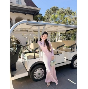Vestido Maxi Rosa de Punto Acanalado con Lazo y Manga Larga Estilo Coquette, Diseño Personalizado al por Mayor, Directo de Fábrica en Vietnam, para Mujer, Estilo Balletcore - Product Image 1
