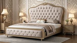European King Size Tufted Upholstered <b>Bed</b> With Faux Leather And Gold Trim <b>Frame</b> - Product Image 6