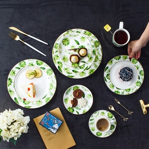 Green Plant Design Bone China Ceramic Dinner Plate <b>Cup</b> <b>Saucer</b> Mug Cutlery Set - Product Image 3