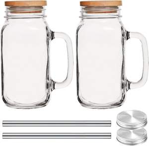 Vaso de Vidrio para Café Helado, Smoothies y Jugos de 16oz y 20oz con Pajitas y Tapas Metálicas, Tarro Mason con Asa - Product Image 2