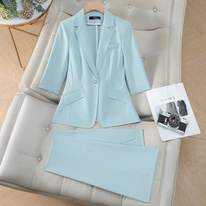 Women's Pink Three Quarter Sleeve Suit <b>Set</b> Satin Lightweight <b>Office</b> Lady Workwear Business Leisure - Product Image 2