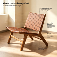 Fauteuil lounge en bois massif de style nordique, inspiré d'Instagram, avec revêtement en cuir de selle, fauteuil décontracté pour salons, conçu par des designers, pour une ambiance détendue