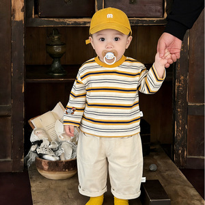 Ensemble T-shirt rayé à manches longues en coton pour bébé garçon et pantalon décontracté style western pour le printemps et l'automne - Product Image 1