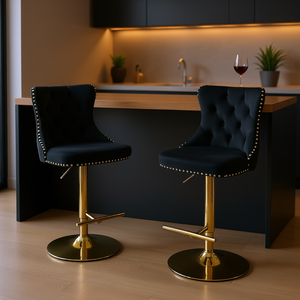 Ensemble de 2 tabourets de bar en velours noir A&A Furniture, pivotants, réglables en hauteur, meubles de bar modernes pour la maison - Product Image 2
