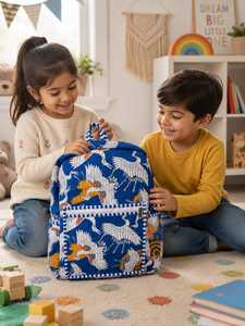 Quilted Cotton <b>School</b> Bag for Kids – Colorful Animal Print <b>Backpack</b> with Zipper Pockets - Product Image 3