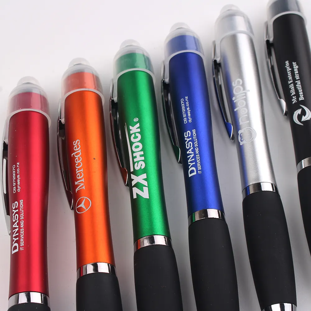 Wholesale Advertising Cheap Led Light Up Pen With Stylus Custom Printed Printing Logo Plastic Blue Writing Ballpoint Ball Ink