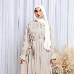 Vestido Abaya Maxi con Cinturón y Mangas Plisadas Brillantes para Mujer, Ropa Musulmana Islámica Elegante, Marca LE DUO - Product Image 1