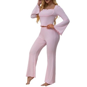 Chemise à manches longues et pantalon long pour <span class=keywords><strong>femme</strong></span>, style européen et américain, sexy, mode, manches évasées, ourlet roulé, nœud, extensible, respirant - Product Image 5