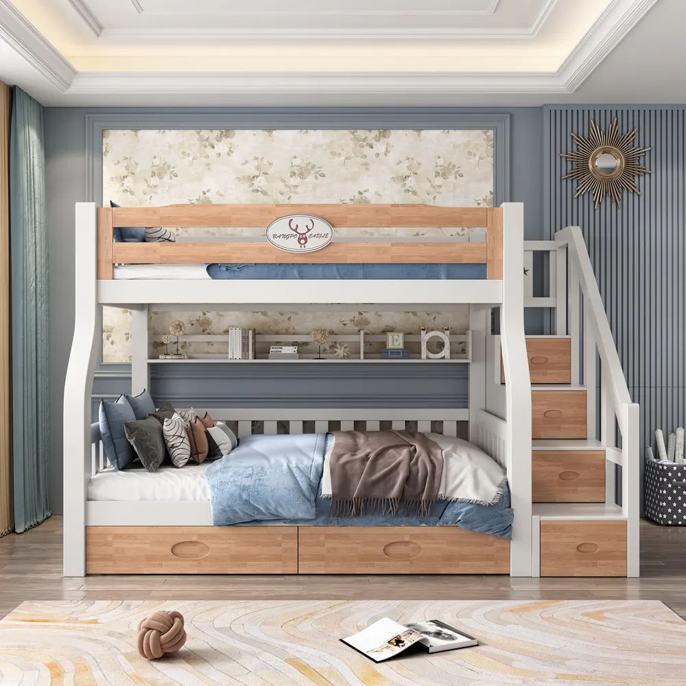 Meuble de chambre d'enfants, lit superposé avec motif dessin animé, en bois massif, espace de rangement d'escalier, Table d'étude avec glissière, bon marché, 2 pièces