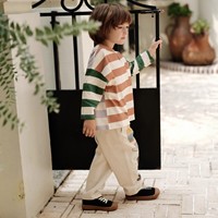 Vêtements de sport pour tout-petits 100% coton pour garçons et filles (style épaules tombantes, taille extra-large, rayures, t-shirt à manches longues)