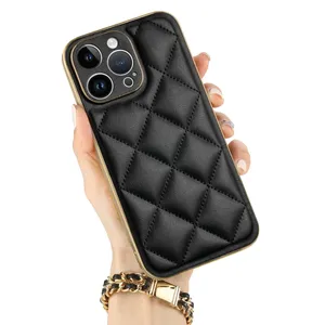 New Design Luxury Electroplated Big Diamond Grid Leather Case Cover Soft TPU Phone Case For iPhone 12 13 14 Series