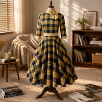 Gaun Midi A-Line OUFEI Custom Vintage Plaid dengan Kerah Pita, Pinggang Tinggi, Lengan 3/4, untuk Pesta Kasual