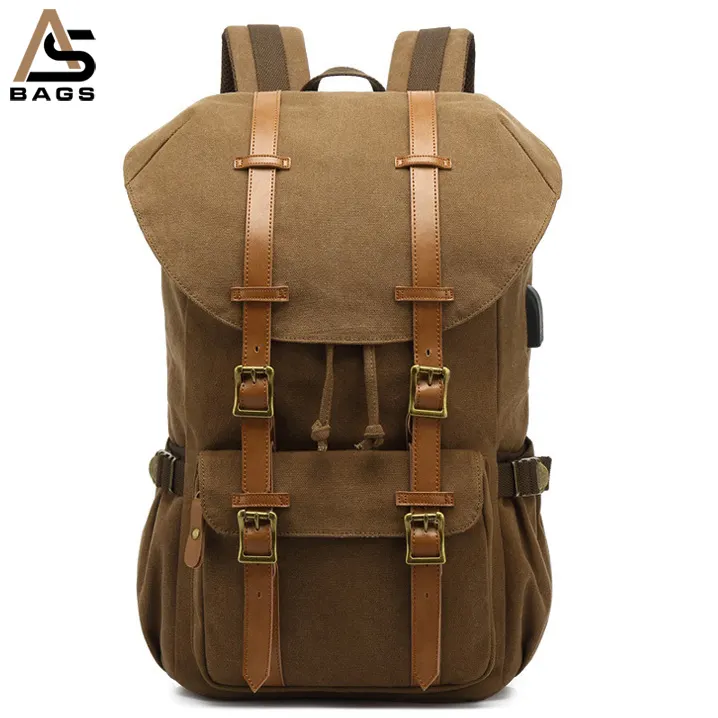 Aosheng wholesale high quality mens custom vintage cotton canvas leather rucksack