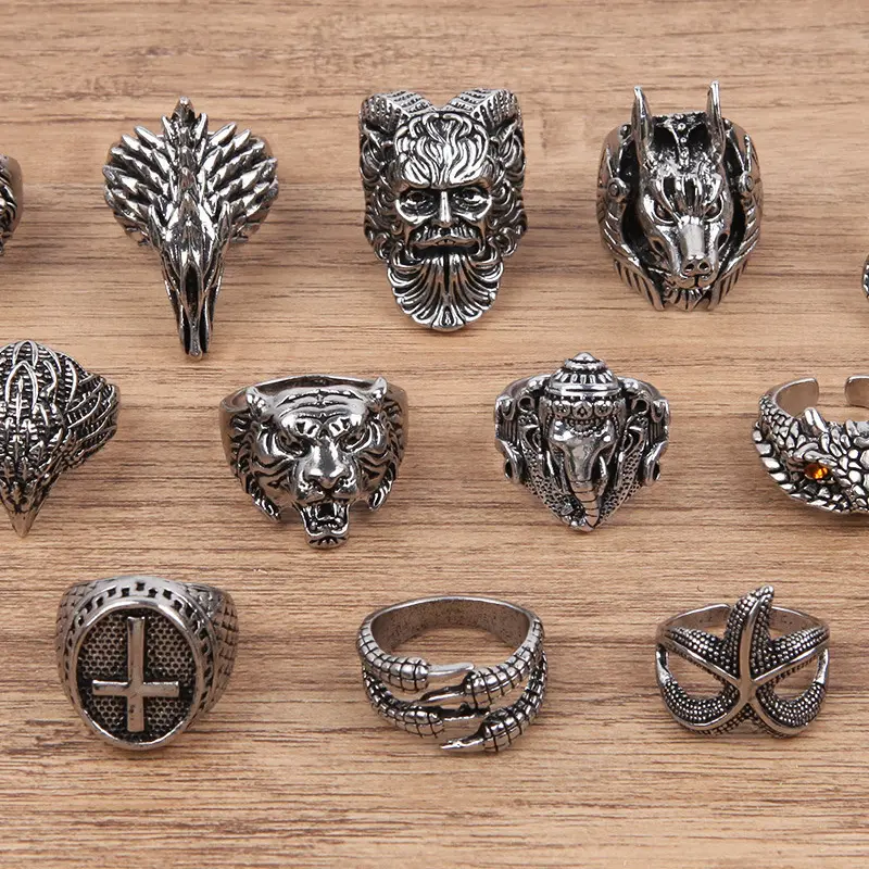 Großhandel Hip Hop Trend Edelstahl Ring verstellbare Ringe Tiger Lion Starfish Fox Eagle Cross Schlangen legierung Geschenk Punk Men / FS