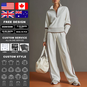 KingSen Women's 2 Piece Contrast Striped Tracksuit Set 1/4 Zip Sweatshirt Wide Leg Pants <b>Elastic</b> Waist Casual Loungewear Outfit - Product Image 2