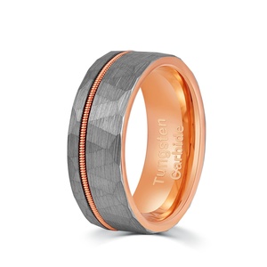 POYA-cuerda de guitarra de oro rosa con incrustaciones, anillo de tungsteno gris, 8mm, dos tonos martillados, banda de boda plana para hombre - Product Image 1