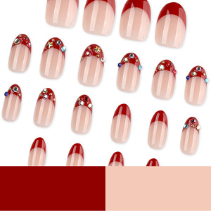 Faux ongles courts ovales rouges à presser, avec strass colorés, élégants pour l'automne et l'hiver, pour salon, DIY et usage quotidien - Product Image 2
