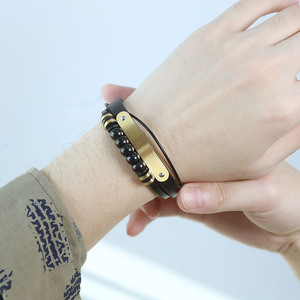 Bện <span class=keywords><strong>Bowknot</strong></span> da bọc Vòng đeo tay titan thép bóng có thể điều chỉnh khóa Multilayer đồ trang sức vòng đeo tay bằng da <span class=keywords><strong>Bangle</strong></span> cho nam giới - Product Image 4