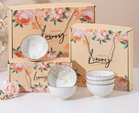 Mangkuk Keramik Motif Bunga Kreatif Terbaru Set Mangkuk Keramik Tahan Lama Dengan Kotak Hadiah Grosir Mangkuk Nasi Keramik