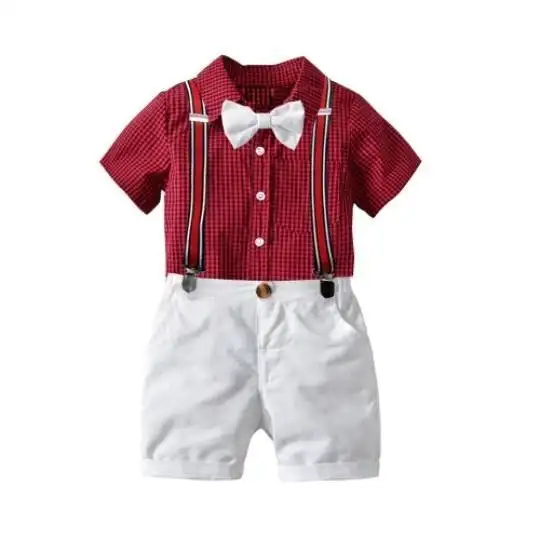 Factory wholesale boys cotton plaid short sleeved shirt back strap shorts suit INS new baby gentleman's dress