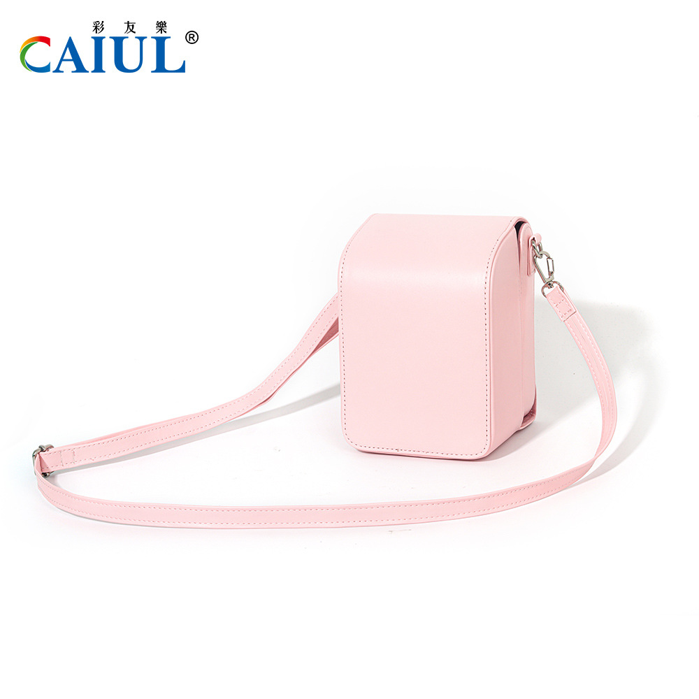 sac pour appareil photo en cuir rose + sangle en boucle noire