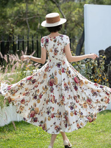 Robe pour femme OEM de haute qualité, col en V, motif floral, style décontracté, en lin/coton tissé, coupe ajustée, ligne A, longueur midi, manches évasées, imprimé personnalisé, idéale pour l'été - Product Image 3