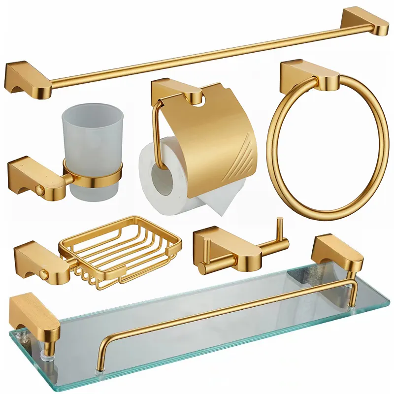 Best Verkopende Muur Gemonteerd Nieuwste Mode Hotel Design Luxe Badkamer Accessoires Ruimte Aluminium Gouden Badkamer Accessoires Set