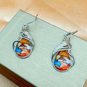 Boucles d'oreilles pendantes en or blanc E4772, agate, verre soufflé, serti de pierres, style bohème, bijoux pour femmes - Product Image 4